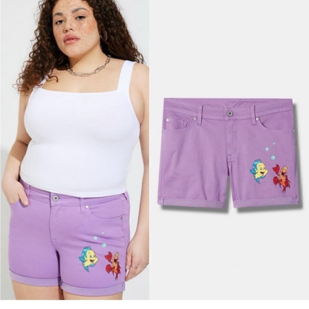 Torrid Plus Size 26 Purple Mid Rise Denim Jean Shorts Disney Little Mermaid 26W